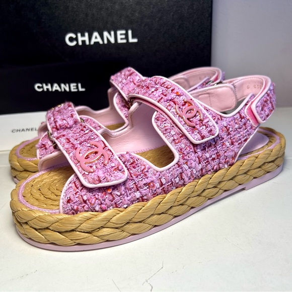 NEW CHANEL 22P DAD SANDALS CC LOGO PINK PURPLE TWEED PAT.LEATHER SZ 38 - Picture 8 of 16